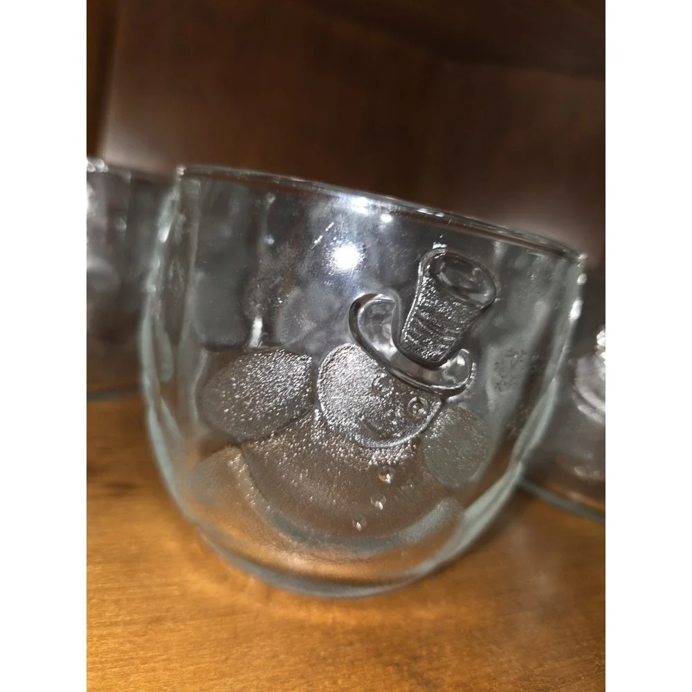 6pc Clear Glass Snowman Embossed Tumblers Set Round Vintage  10 oz